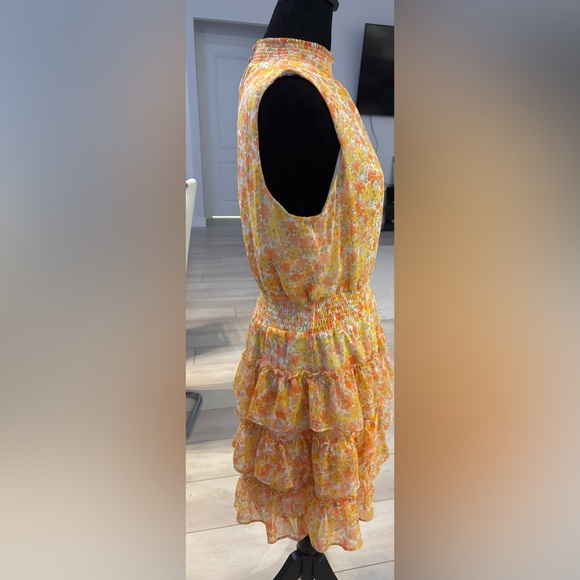 1. STATE Mini Dress Floral Smocked Tiered Ruffle Sleeveless Mock Neck #620 - Picture 3 of 5